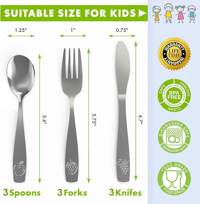 9 Piece Stainless Steel Kids Silverware Set - Child and Toddler Safe Flatware - Kids Utensil Set - Metal Kids Cutlery Set Includes 3 Small Kids Spoons, 3 Forks & 3 Knives
