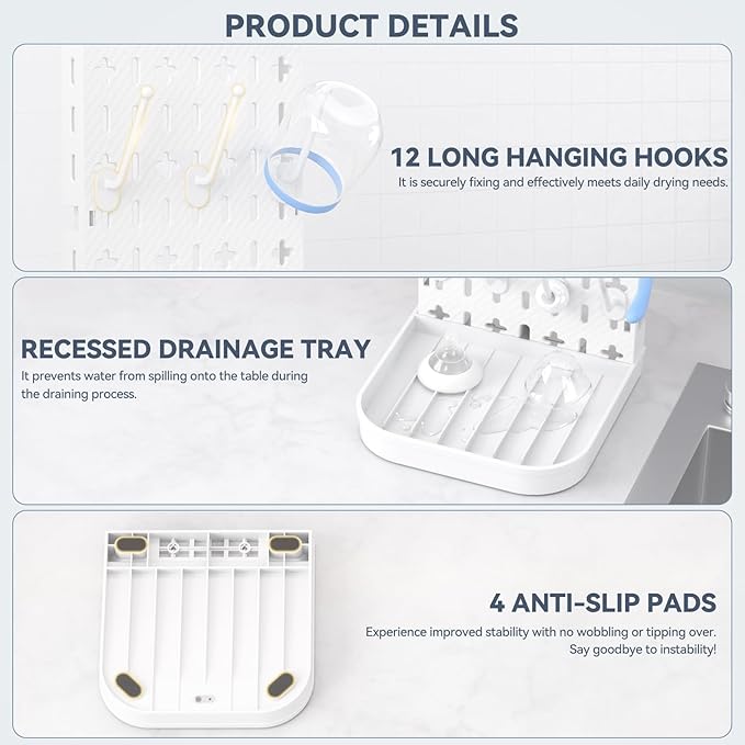 Baby Bottle Drying Rack Baby Bottle Holder Space Saving Bottle Dryer Rack Station Countertop Storage Organizer 12 Travel Bottle Drying Rack Vertical Breast Pump Part Plastic Bag Cup Dryer Tower White
