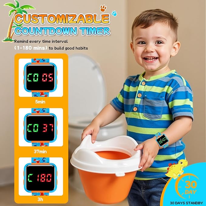 Potty Training Watch & Chart for Kids: Water Resistant Potty Watches Dinosaur Potty Training Chart for Toddler Boys Adjustable Volume Toilet Reminder with Reward Stickers Gifts for Boy (Blue)