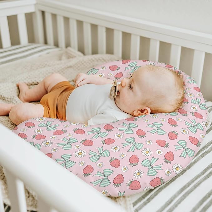 Pink Strawberry Green Bows Daisy Baby Nursing Pillow Covers for Boy Girl Strawberries Bows Nursing Slipcovers for Breastfeeding Pillows Cute Summer Fruit Soft Stretchy Cover for Newborn Infant