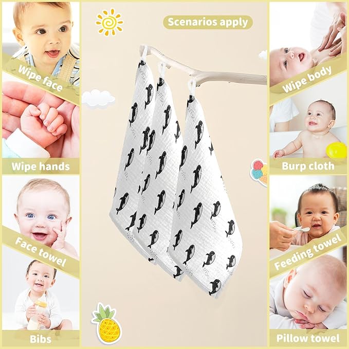 vvfelixl Little Cute Orca Baby Burp Cloths Baby Muslin Washcloths for Boys Girls Cotton Babys Face Towel for Newborn Infants Soft and Absorbent 11.8 X 11.8 in, 5 Pack