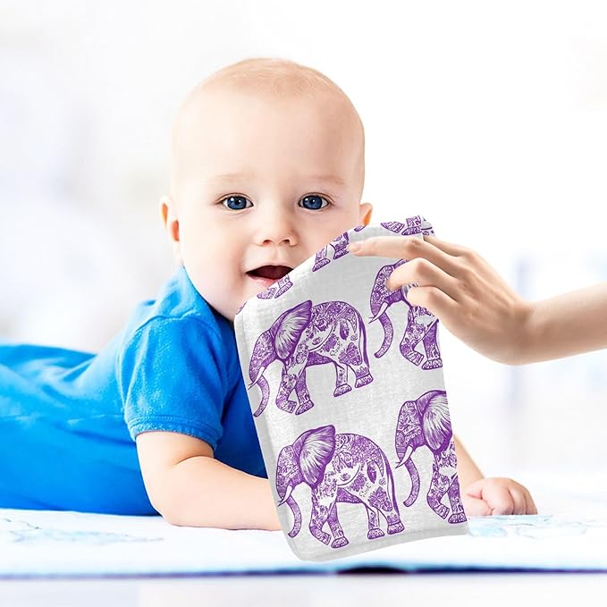 vvfelixl Purple Outline Elephant Baby Burp Cloths Baby Muslin Washcloths for Boys Girls Cotton Babys Face Towel for Newborn Infants Soft and Absorbent 11.8 X 11.8 in, 5 Pack