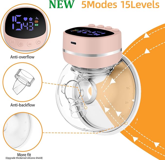 Hands-Free Wearable Electric Breast Pump,Suction/Express/Massage/Mixed Modes, 15 Gears,LCD Display Portable, Lightweight & Discreet, Single Piece (Pink)