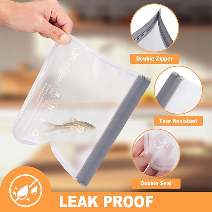 Serfeymi 6 Pack Reusable Gallon Freezer Bags Dishwasher Safe, Extra Thick Large Food Storage Bags BPA Free, Leak Proof Reusable Plastic Bags for Home Organization, Marinate Meat, Salad Fruit Vegetable