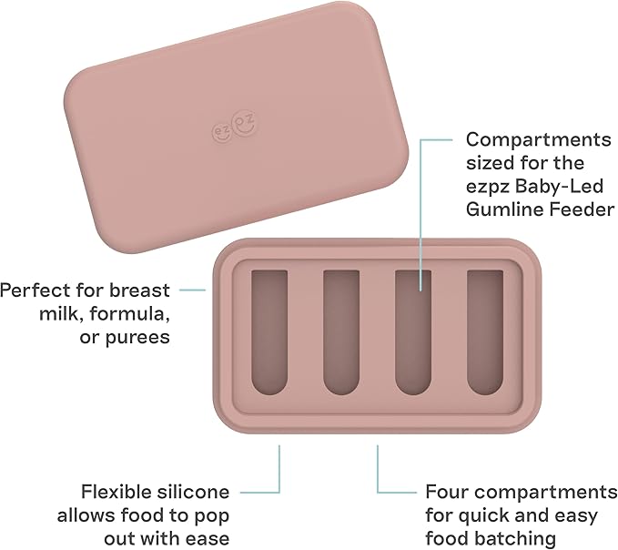 ezpz Ice Tray for the Baby-Led Gumline Feeder (Blush) - 4 Months+ - Silicone Ice Tray for Breast Milk, Formula, or Purees - Four Compartments - Infant Essentials