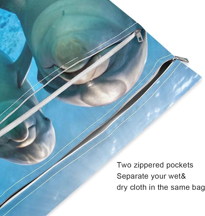 Three Cute Dolphins Wet Dry Bags Set of 2, Reusable Waterproof Organizer with Zipper Pockets for Baby Diapers, Swimsuits, Beach Travel Toiletries Storage