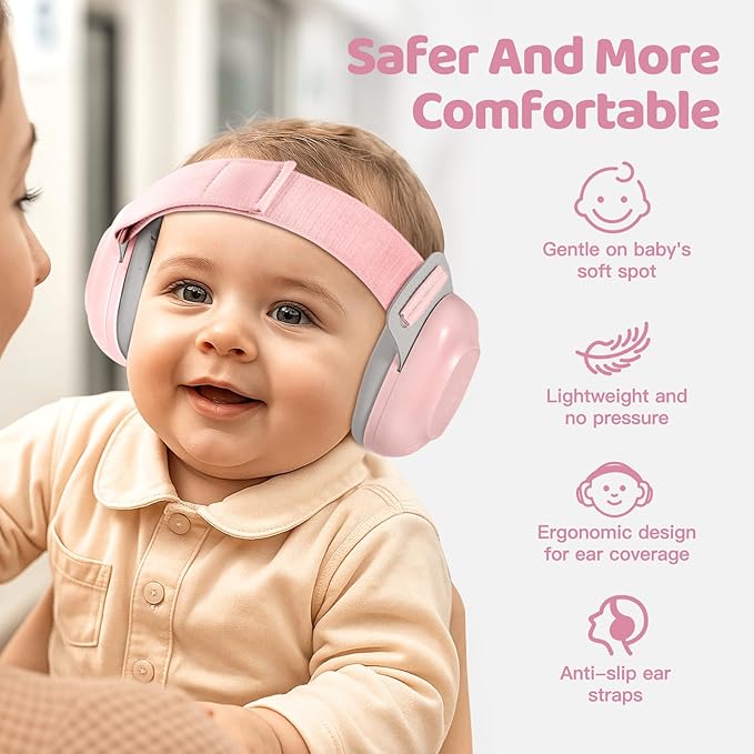 Orzbow Baby Headphones for Noise, Baby Ear Muffs Noise Protection for Newborn Toddler 3-48 Months - CE & ANSI Certified, Adjustable Infant Ear Protection for Travel Sleep, 25dB Sound Reduction, Pink