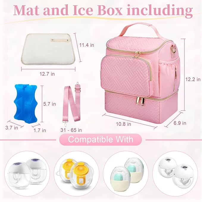 Wearable Breast Pump Bag with Cooler Compartment Compatible with Willow/Elvie/Medela/Momcozy M5/S12 Pro, Breast Milk Cooler Travel Bag with Ice Pack & Mat, Pumping Bags for Work, Pink