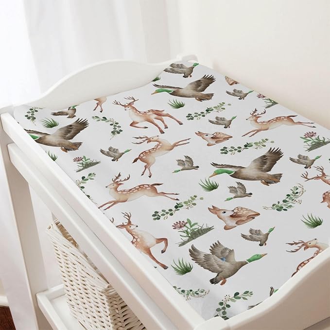 Wild Animals Hunting Baby Changing Pad Covers for Boys Girls 32''x16'' Hunting Animals Leaves Unisex Fitted Changing Table Pad Covers Mats Soft Breathable Nursery Diaper Change Table Sheets