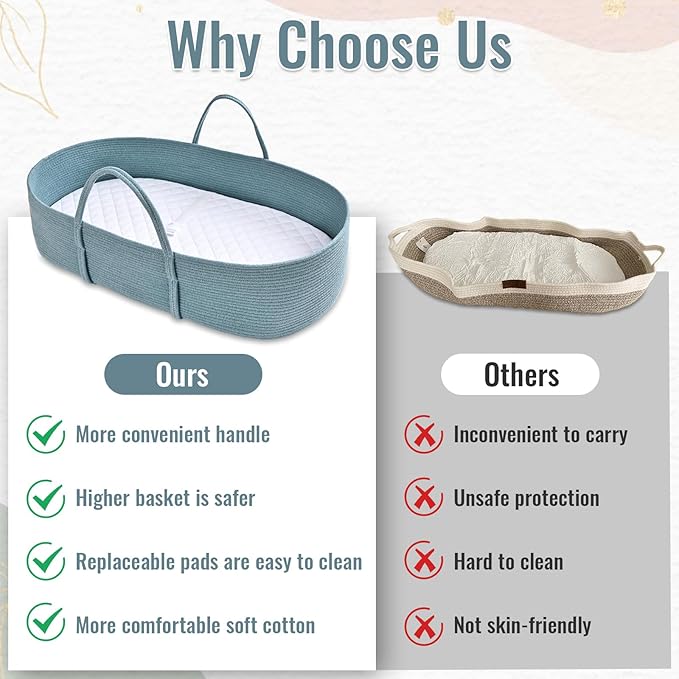 Changing Baskets Set,Moses Basket with Pad and Diaper Caddy,Set of 2 Baskets,Portable Cotton Rope Woven Basket,Replaceable Pad,Gifts for Newborn 28.7" x 15.7" x 7.8"（Blue）