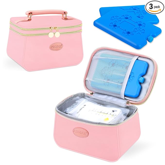 PIIOSER Breast Milk Cooler Travel Bag with 2 Ice Pack, Fits 6 Breastmilk Storage Bags Up to 8Oz, Insulated Small Baby Breastmilk Storage Cooler Bag for Daycare and Breastfeeding Mom (Pink-XS)