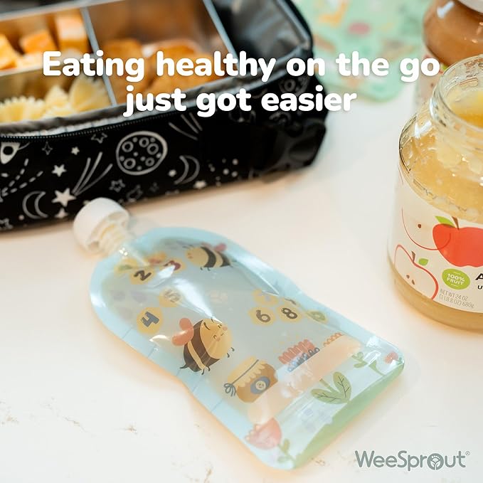 WeeSprout Double Zipper Reusable Food Pouches, Perfect for Babies & Toddlers, Freezer & Dishwasher Safe (Animals, 7 Fl Oz (Pack of 6) + Pouch Filler)