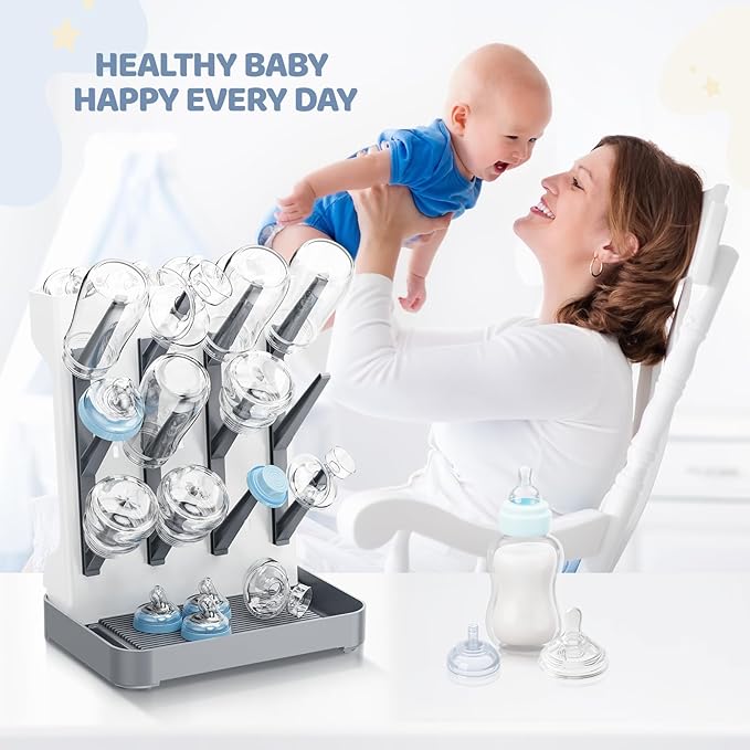 Dayacoco Baby Bottle Drying Rack, Space Saving Vertical Bottles Dryer Holder, Standing Bottle Drying Rack for Countertop Kitchen Organize Bottles, Brushes, Baby Accessories (Gray)