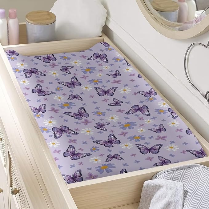 Butterfly Purple Changing Pad Cover for Baby Girls Boys Special Comfort Diaper Change Table Pad Covers Soft Breathable Changing Pad Sheets