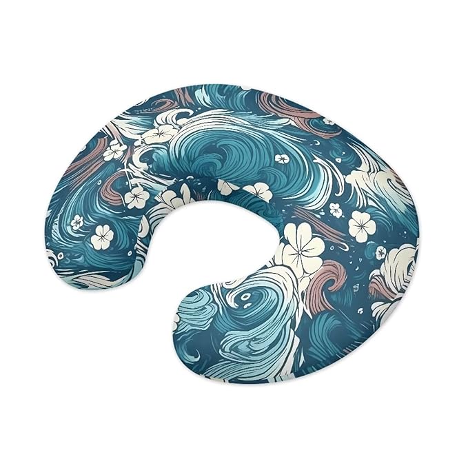 Sea Ripple Nursing Pillow Cover Girls, Sea Wave Baby Breastfeeding Infant Newborn Pillowcase， Line Drawing Flower Nursing Pillow Original Support Cover， Blue