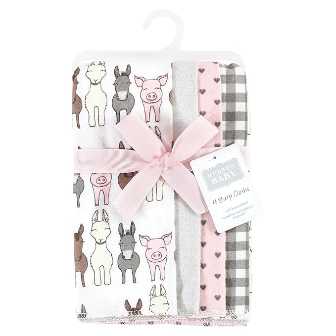 Hudson Baby Unisex Baby Cotton Flannel Burp Cloths, Farm Friends Pink 4-Pack, One Size
