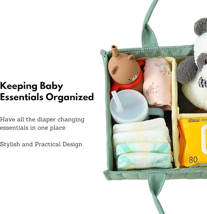 PandaEar Baby Diaper Caddy Organizer, Large Nursery Storage Basket with Handle, Portable Infant Caddy with Compartments, Newborn Essentials, Green