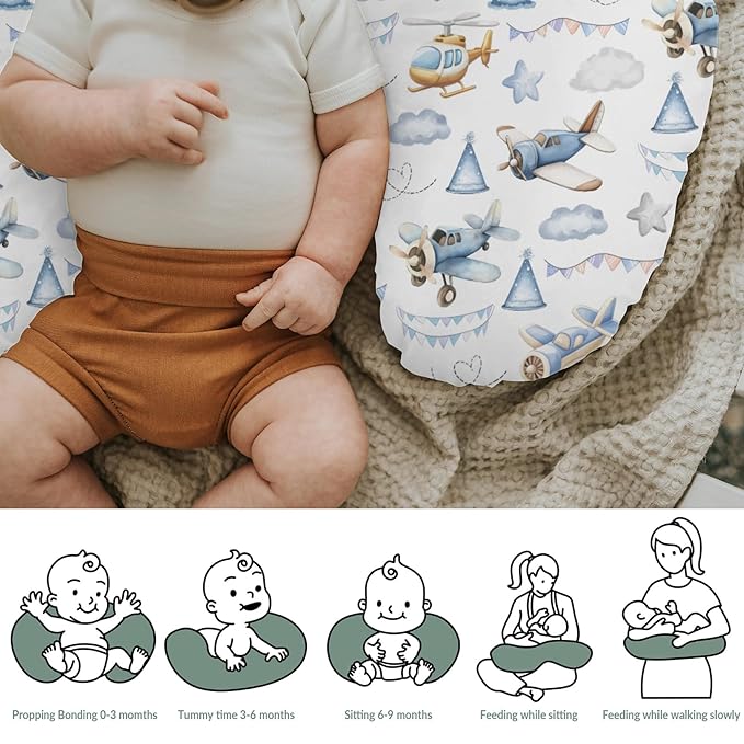 Vintage Planes Airplanes Helicopters Nursing Pillow Covers for Boy Girl Retro Stars Plane Clouds Sky Nursery Slipcover for Breastfeeding Pillows Soft Stretchy Removable Covers for Newborn Infant