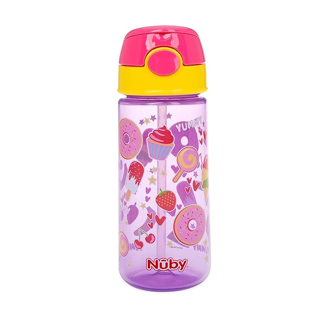 Nuby 2-Pack Kid’s Printed Flip-it Active Water Bottle with Push Button Cap and Soft Straw - 18oz / 540ml, 18+ Months, 2-Pack, Prints May Vary