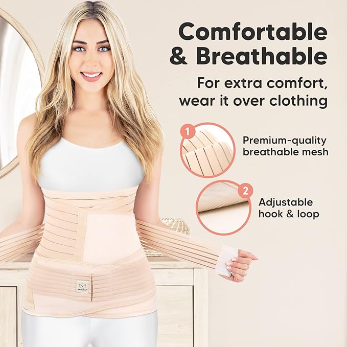 Keababies Reusable Nursing Pads and 3 in 1 Postpartum Belly Support Recovery Wrap - 14 Washable Organic Breastfeeding Pads + Wash Bag - Postpartum Belly Band