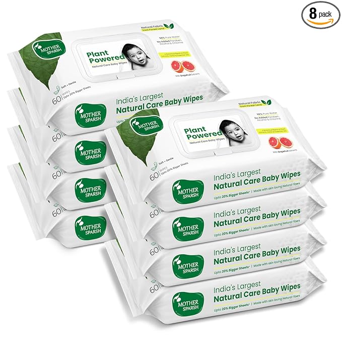 Mother Sparsh Natural Care Baby Wipes 60 Pcs (Pack of 8) I 100% Plant Made Fabric From Forest Land | Gentle + Cleanse (with Grapefruit) Wet Wipes For Baby I Cotton Cloth Like Bigger Sheets