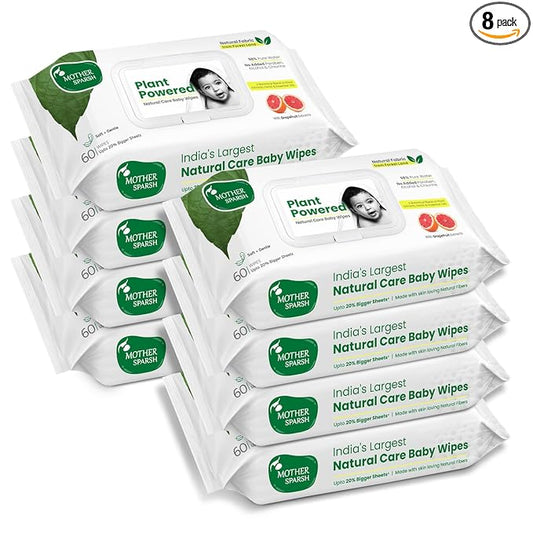 Mother Sparsh Natural Care Baby Wipes 60 Pcs (Pack of 8) I 100% Plant Made Fabric From Forest Land | Gentle + Cleanse (with Grapefruit) Wet Wipes For Baby I Cotton Cloth Like Bigger Sheets