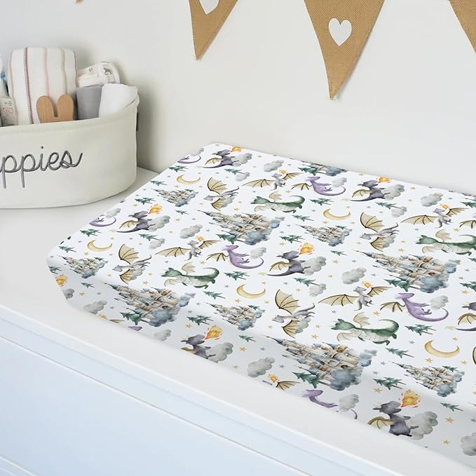 Baby Boy Girl Changing Pad Covers Dragon Tale Castle, Watercolor Green Moon Clouds Stars Tree Safe Snug Fitted Diaper Table Sheet, Soft Breathable Stretchy Change Mat Fit 32 34 x 16