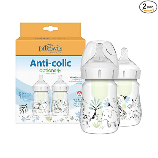Dr. Brown's Anti-Colic Options+ Wide-Neck Baby Bottle Designer Edition Bottles, Jungle Decos, 5 oz/150 mL, Level 1 Nipple, 0m+, 2-Pack