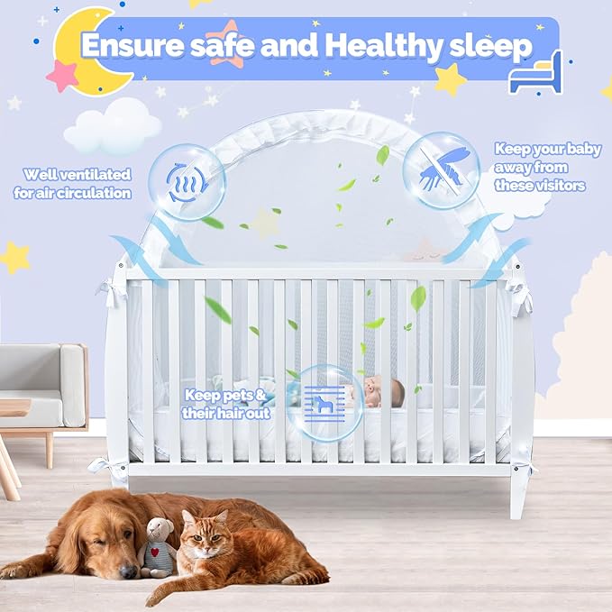 Baby Crib Tent Safety Net to Keep Baby in, Pop Up Crib Tent Canopy Keep Baby from Climbing Out, Mosquito Net for Baby Crib, Ultra Stable Frame, Durable Strong Self-Locking Zipper, White
