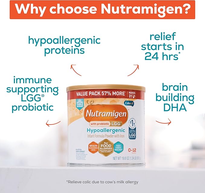 Enfamil Nutramigen Hypoallergenic Baby Formula with Iron, Lactose Free, Colic Relief from Cow's Milk Allergy Starts in 24 Hours, Brain Building DHA, Probiotic LGG for Immune Support, 19.8 Oz Can