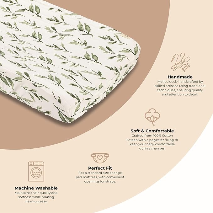 Crane Baby Changing Pad Cover, 100% Cotton Sateen Exterior, Green Nursery Decor, Floral Leaf Baby Changing Table Pad Cover, Fits Standard 16" x 32", Jungle Nursery Decor, Change Table Sheets
