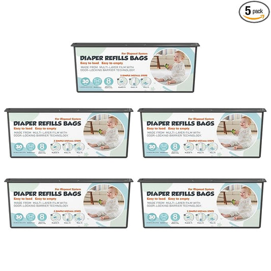 Diaper Pail Refills Bags with 30 Bags Compatible with Genie Easy Roll Signature and Platinum Diaper Pails, 7-Layer Odor-Barrier Technology, 5 Pack (150 Bag)