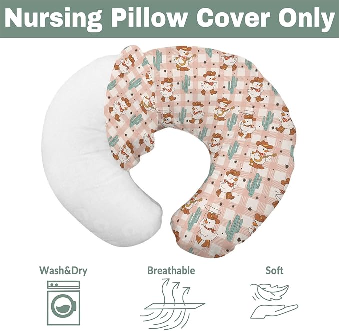 Geese Cowboy Baby Nursing Pillow Covers for Boy Girl Cute Western Duck Cactus Pink Checkered Nursing Pillowcase for Breastfeeding Pillows Wild West Animal Soft Stretchy Slipcovers for Newborn Infant