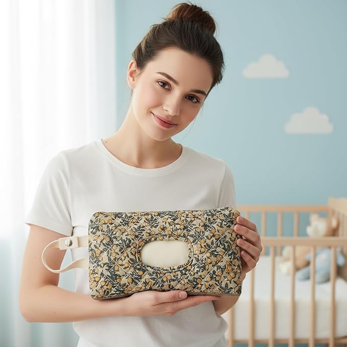ETOYA Canvas Floral Quilted Wipe Dispenser Portable Wet Wipe Pouch for Mom(Green) (style2)
