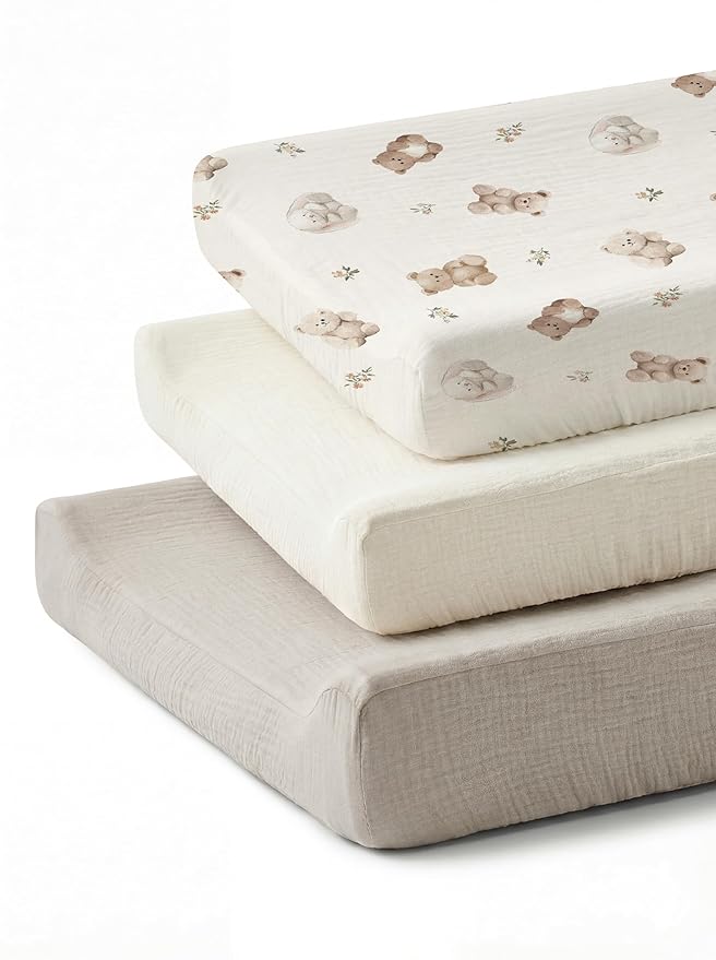 Changing Pad Cover for Baby Girls Boys, Muslin Changing Table Pad Covers with Boho Style, Neutral Color Soft and Breathable (Teddy)
