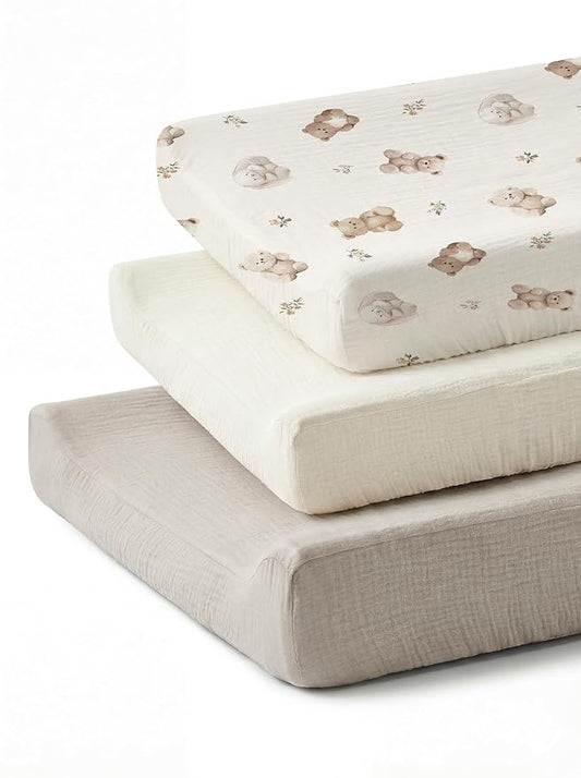 Changing Pad Cover for Baby Girls Boys, Muslin Changing Table Pad Covers with Boho Style, Neutral Color Soft and Breathable (Teddy)