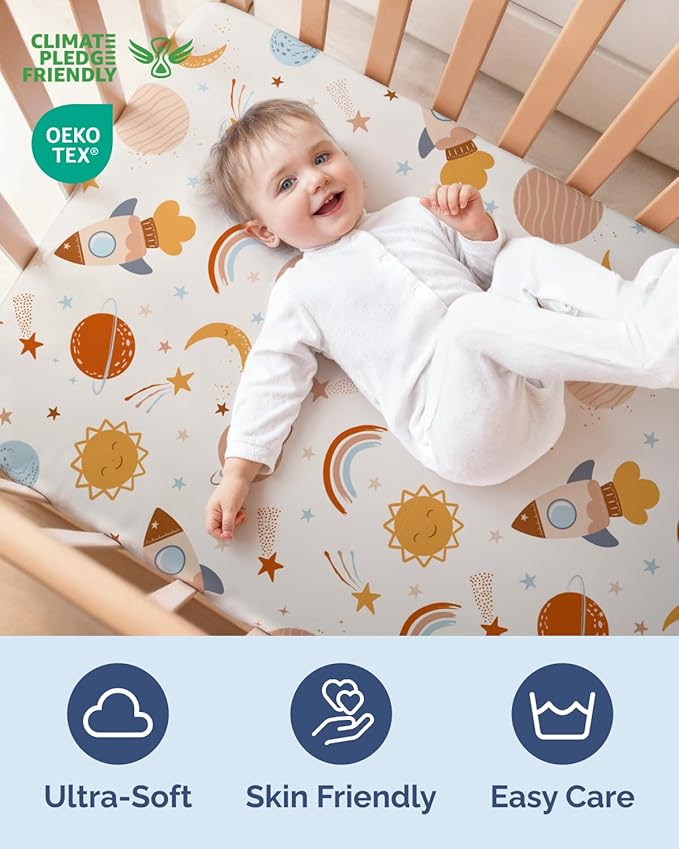 Baby Crib Sheets for Boys & Girls - Pack of 2 Fitted Microfiber Crib Sheets for Standard Crib & Toddler Mattress - Soft, Breathable & Wrinkle Free - Machine Washable, Oeko Tex - 52x28x8in - Space Boy