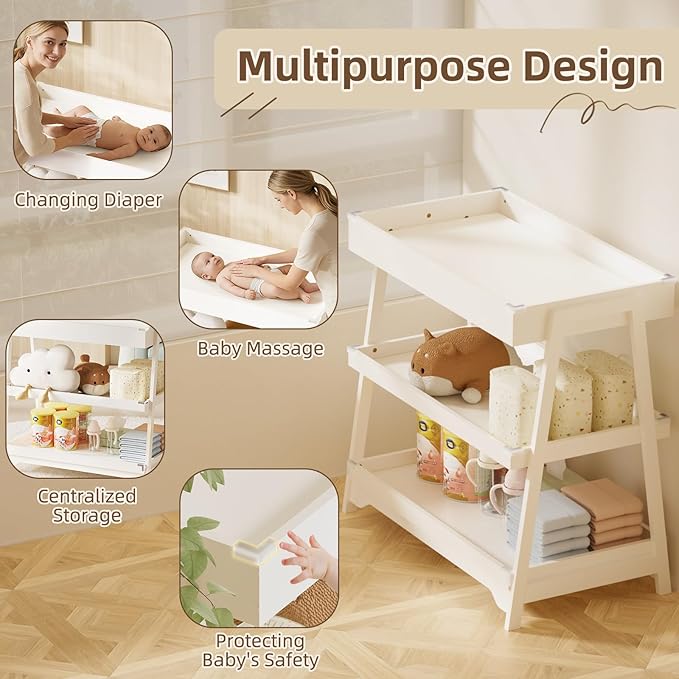KORIMEFA Baby Changing Table with Two Open Shelves for Infant Daycare Essentials Storage - White with White Legs