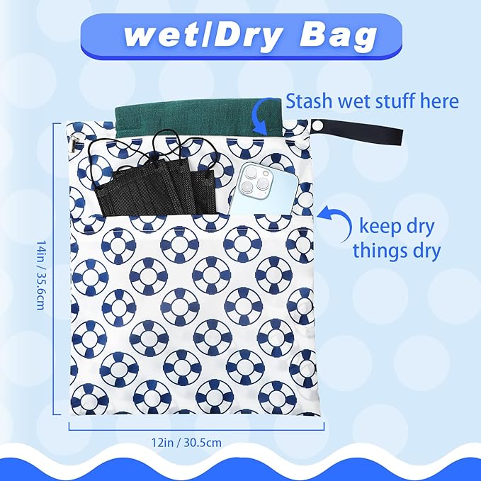 Frienda 4 Pieces Cloth Diaper Wet Dry Bag, Waterproof Reusable Washable Bag for Baby Items and Travel Zippered Pockets with Handle, Beach, Swimsuit, Dirty Gym Clothes and Toiletries(Nautical Style)