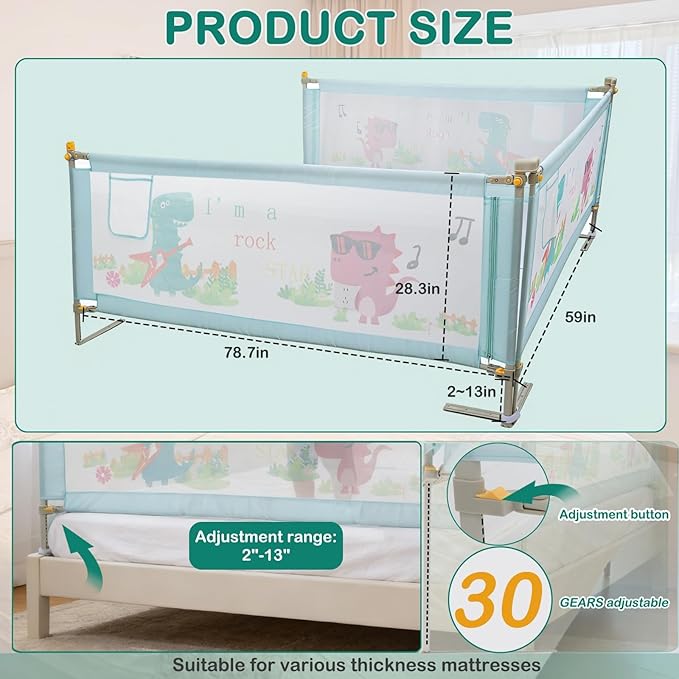 Bed Rail for Toddlers Twin, Full, Queen, King & Cal kingMattress Size | Swing Down Rail Guard | Mattress Side Rail for Kids (Blue Dinosaur, (1 Side) 47Inch)