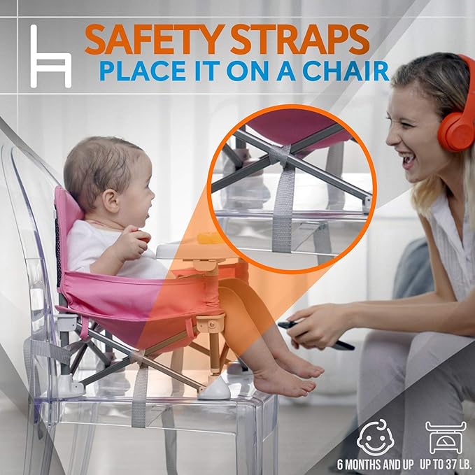 SereneLife Baby Seat Booster -Space Saver Toddler Booster Seat - Portable Pop and open Sit Folding Booster Feeding Chair - Safety Belt/Food Tray/Travel Bag - SereneLife