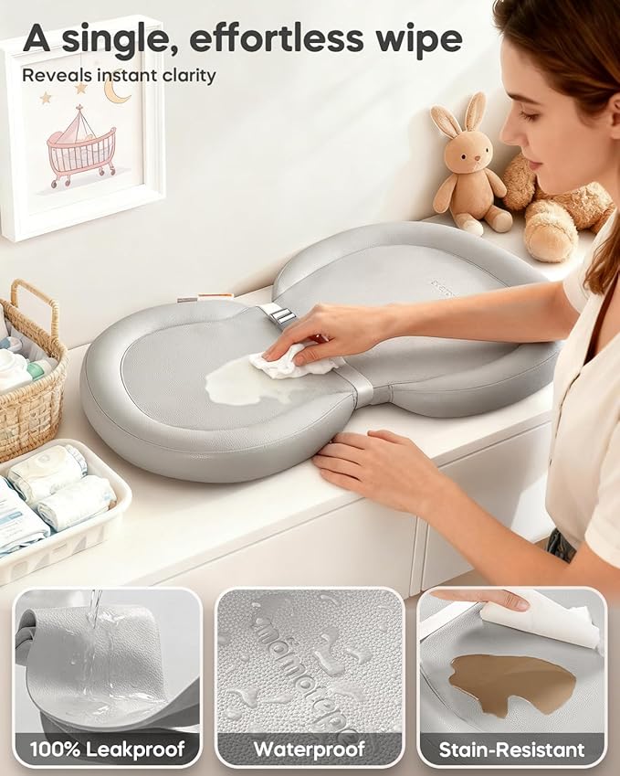 Mamatepe Peanut Baby Changing Pad, Foldable Travel On-the-Go with Non-Slip Base & Safety Belt, Wipeable PU Cushion for Dresser & Changing Table 30"x18", Gray