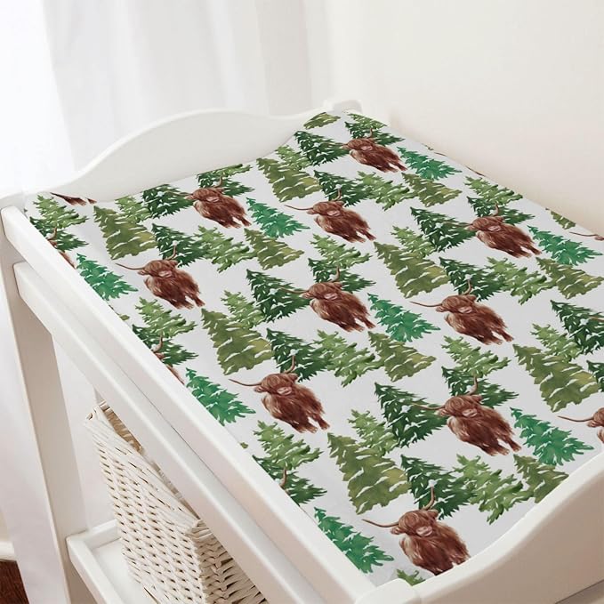 Highland Cows Forest Changing Pad Cover Cute Yak Winter Pine Trees Diaper Changing Table Cover Sheets for Boys Girls Soft Breathable Stretchy Fitted Changing Table Mats 32''x16''