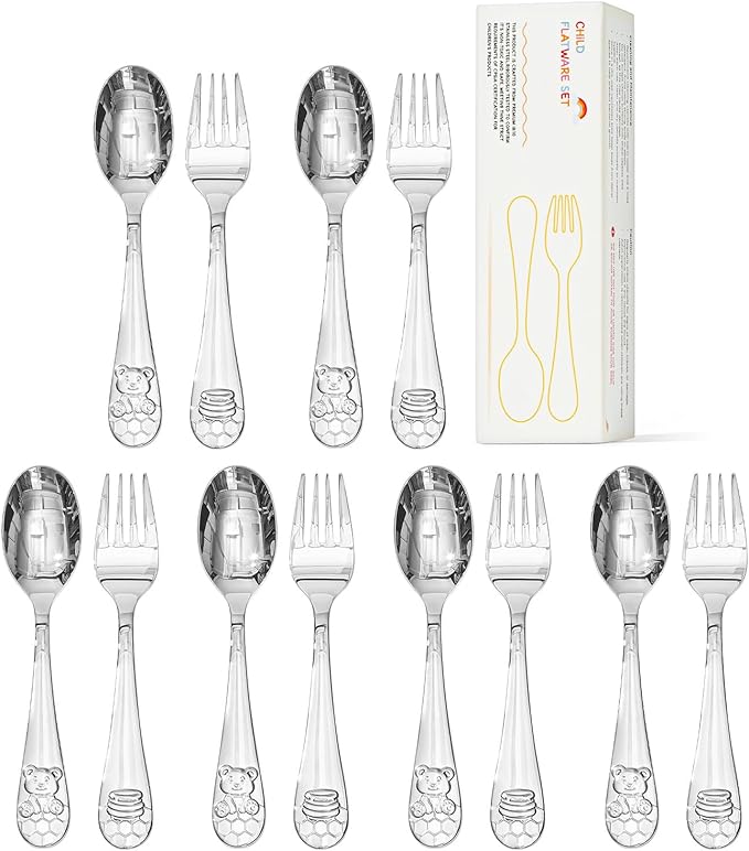 KINGSTONE Toddler Utensils Set, 12-Piece Small Forks & Spoons, 18/10 Stainless Steel, Ergonomic Self-Feeding Children’s Flatware for Home & Preschool, Honey Bear Print