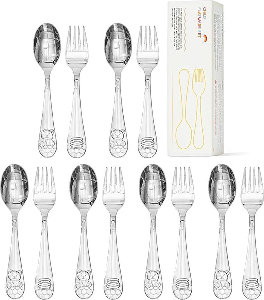 KINGSTONE Toddler Utensils Set, 12-Piece Small Forks & Spoons, 18/10 Stainless Steel, Ergonomic Self-Feeding Children’s Flatware for Home & Preschool, Honey Bear Print