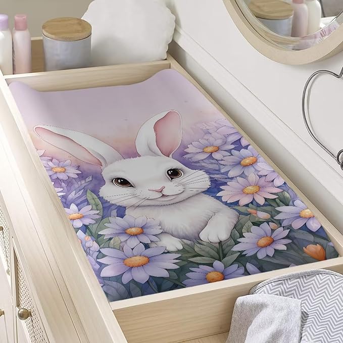 Rabbit Baby Changing Pad Cover Infant Purple Diaper Table Change Mat Sheets Cover Changing Table Covers for Boys Girls Birthday Gifts