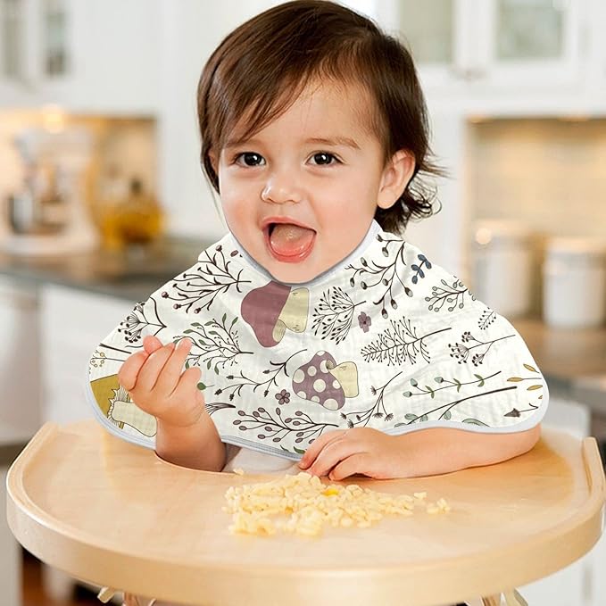 Moudou Mushroom Muslin Baby Burp Cloths 4 Pack, Super Absorbent Soft Cotton Burping Rags Feeding Bibs for Newborn Boys Girls
