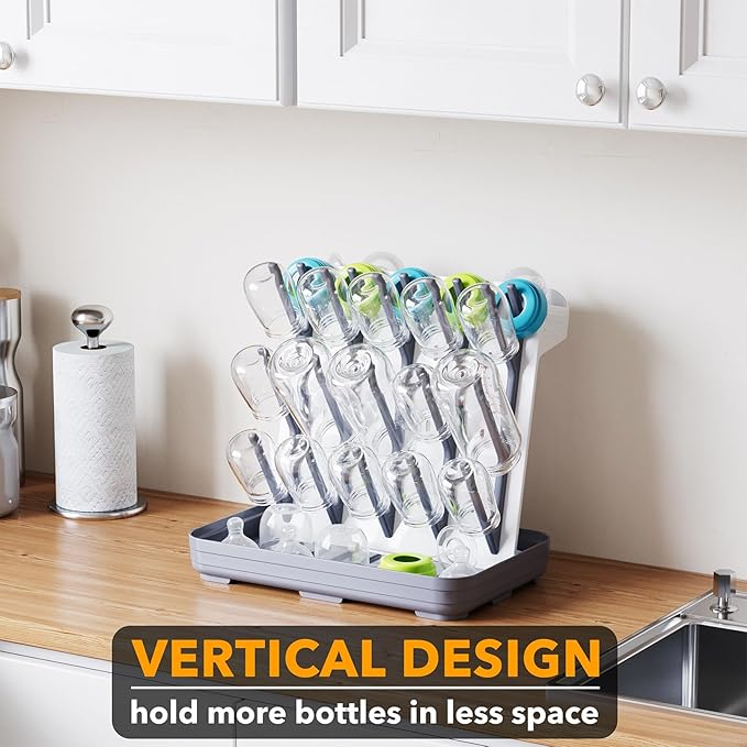 SpaceAid Baby Bottle Drying Rack with 20 Hooks, Space Saving Kitchen Bottles Rack Dryer, Vertical Baby Bottle Holder Organizer for Countertop Storage Accessories (White and Gray)