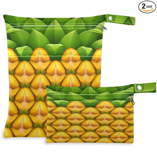 visesunny Tropical Pineapple 2Pcs Wet Bag with Zippered Pockets Washable Reusable Roomy for Travel,Beach,Pool,Daycare,Stroller,Diapers,Dirty Gym Clothes, Wet Swimsuits, Toiletries