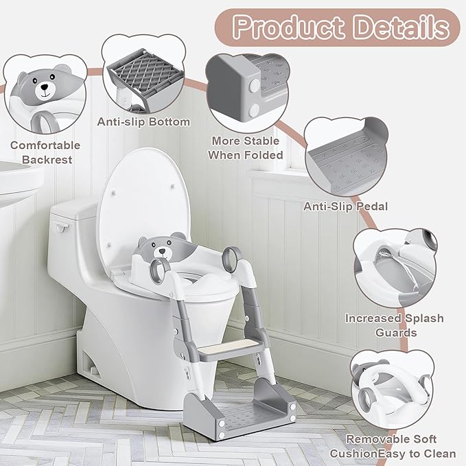 Potty Training Seat,Toddler Toilet Seat for Boys Girls,3-in-1 Potty Training Toilet and Chair with Step Stool Ladder,Anti-Slip Height Adjustable Foldable Splash Guard for Kids (Grey)